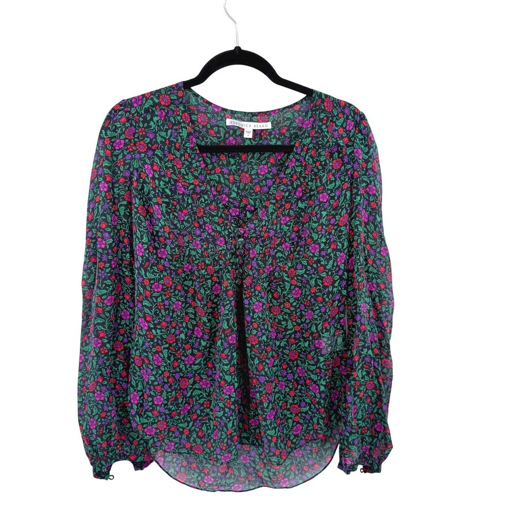 Veronica Beard Ashlynn Silk Floral Silk V-Neck Blouse Black Green Pink 8 Top‎